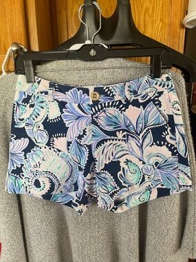 Lilly Pulitzer Rayon Shorts Blue Pink Size 00 Leaf